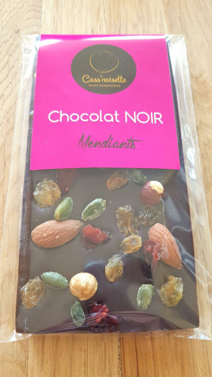Cass'noisette | Tablette mendiant au chocolat noir du Costa Rica 64 % garnies de fruits secs